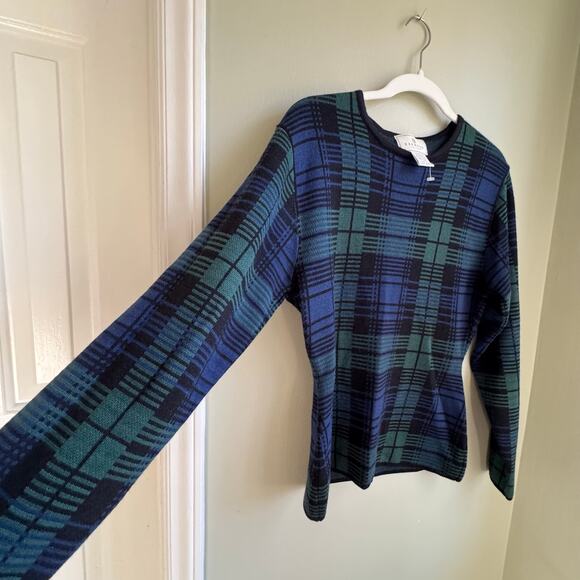 VTG Express Tricot Plaid Tartan Wool Blend Sweater Black Blue Green Sz L 90s - Picture 3 of 5